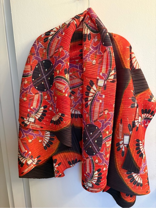 Issey Miyake Jackets & Blazers - Issey Miyake Red Multicolor Pleated Patterned Cape Jacket